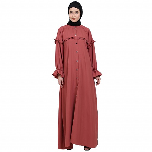 Front open classic frill abaya- Rose Bricks